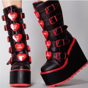 YRU The Dune Valentine Platform Boots in red and black